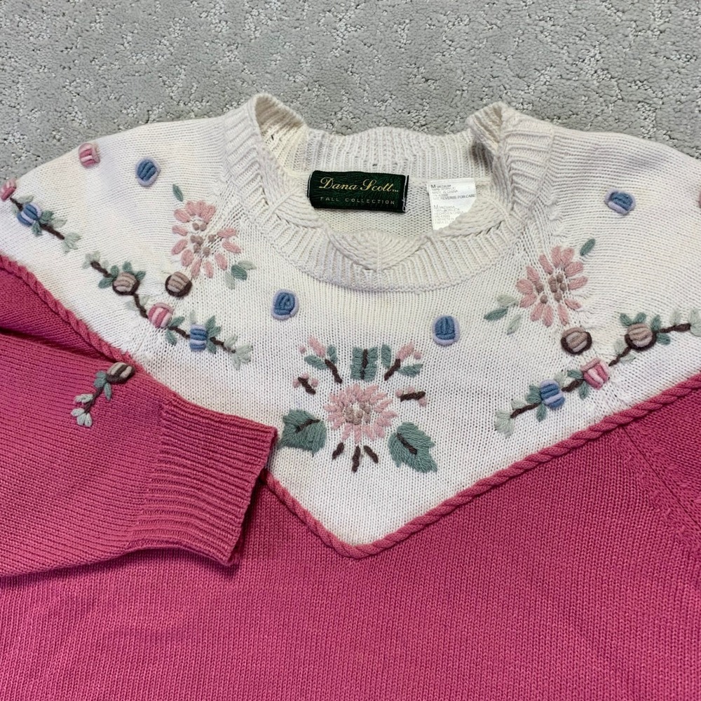 Vintage Dana Scott Fall Collection Sweater Womens Medium Pink Floral Embroidered